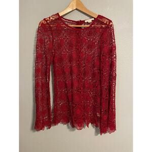 Double Zero Womens Tunic Size Small Red Floral Crochet Lace Sheer Whimsical READ